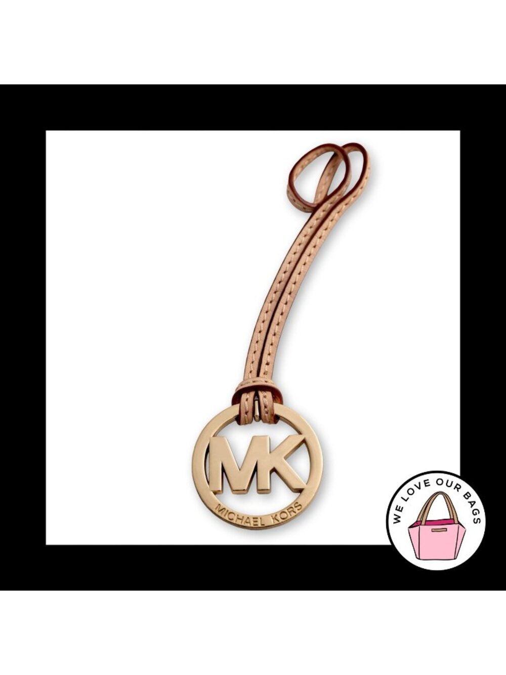 MICHAEL KORS Gold Brass Tan Nude Leather Strap Bag Charm Hang Tag Keychain Fob